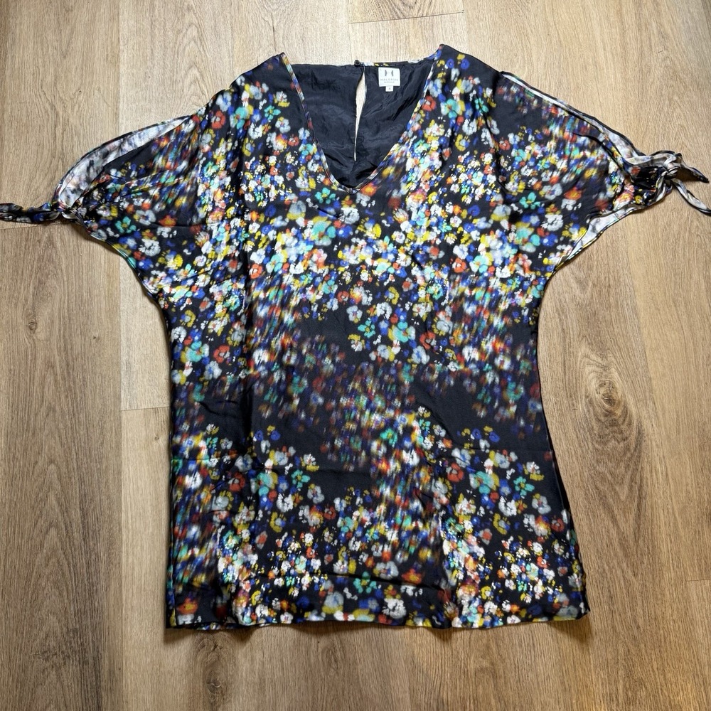 H by Halston Black Multi-Color Floral Print Blouse